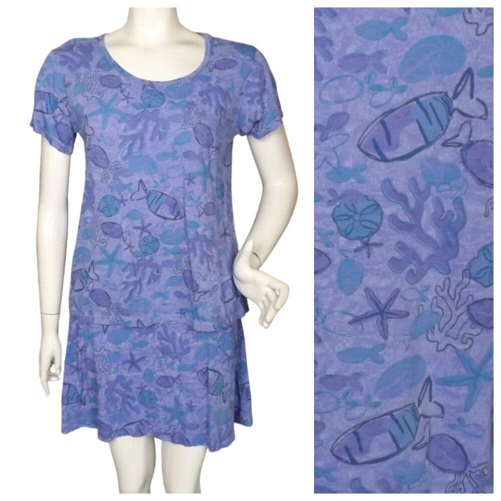 FRESH PRODUCE 2pc Skirt Set, S, Purple/blue Sea life, Top & Skirt, Cotton Jersey